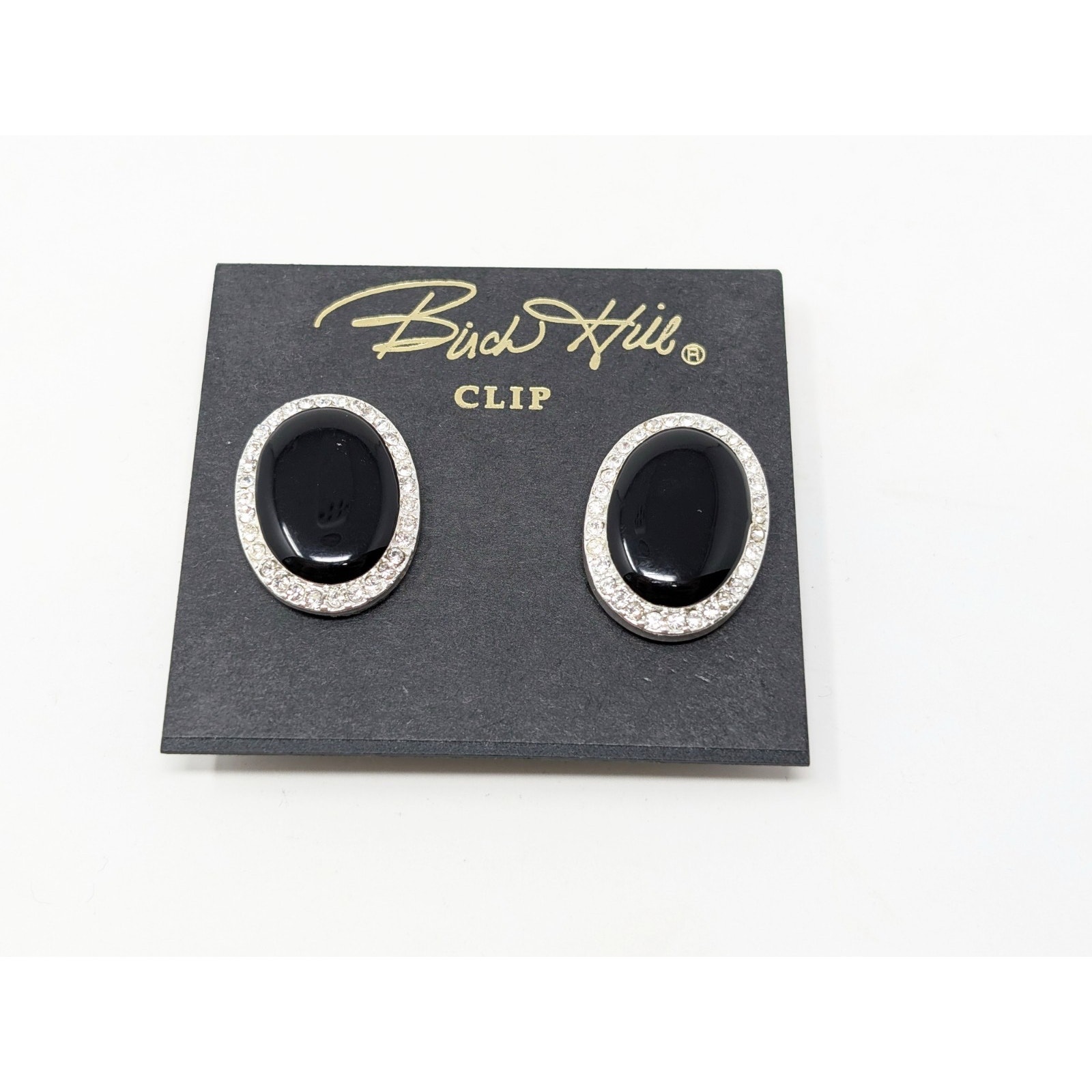Birch Hill Earrings Black Oval Silver Tone Rhinestone Trim Clip On New